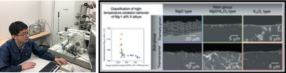 図　筆頭著者の井上晋一助教（左）と六種類の高温酸化皮膜（右） 図